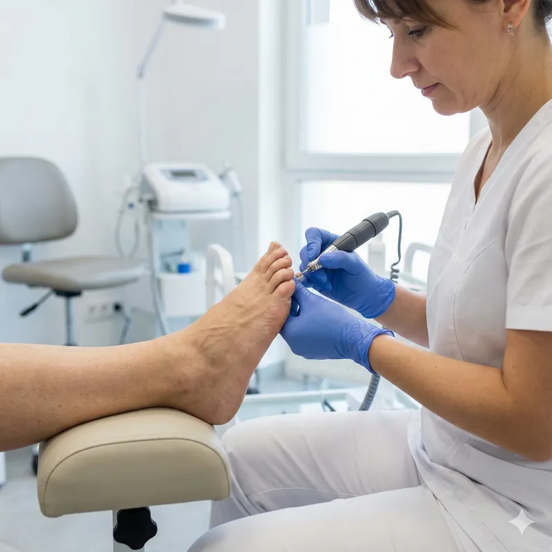 Fachgerechte podologische Behandlung der Füße unter Hygienestandards.